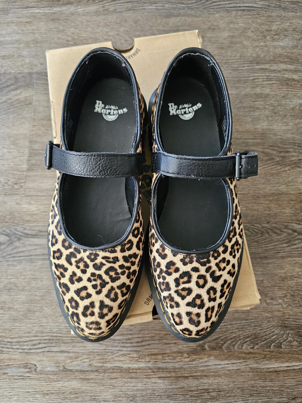 Dr. Martens Womens Leopard Print Mary Jane Shoes in Tan and Black